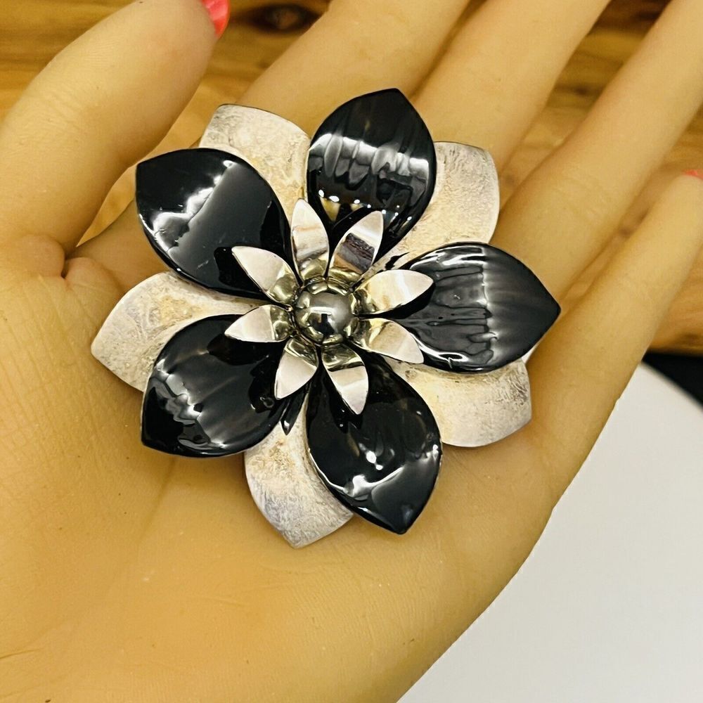Vintage HUGE Black Enamel Petals Flower Floral Brooch Mixed Metals Nice 1482